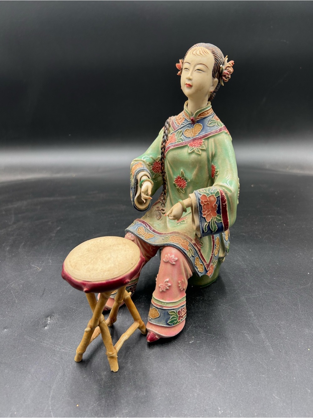 Shiwan Hand-Painted Oriental Lady Figurine in Green and Pink, chinoiserie, Asian